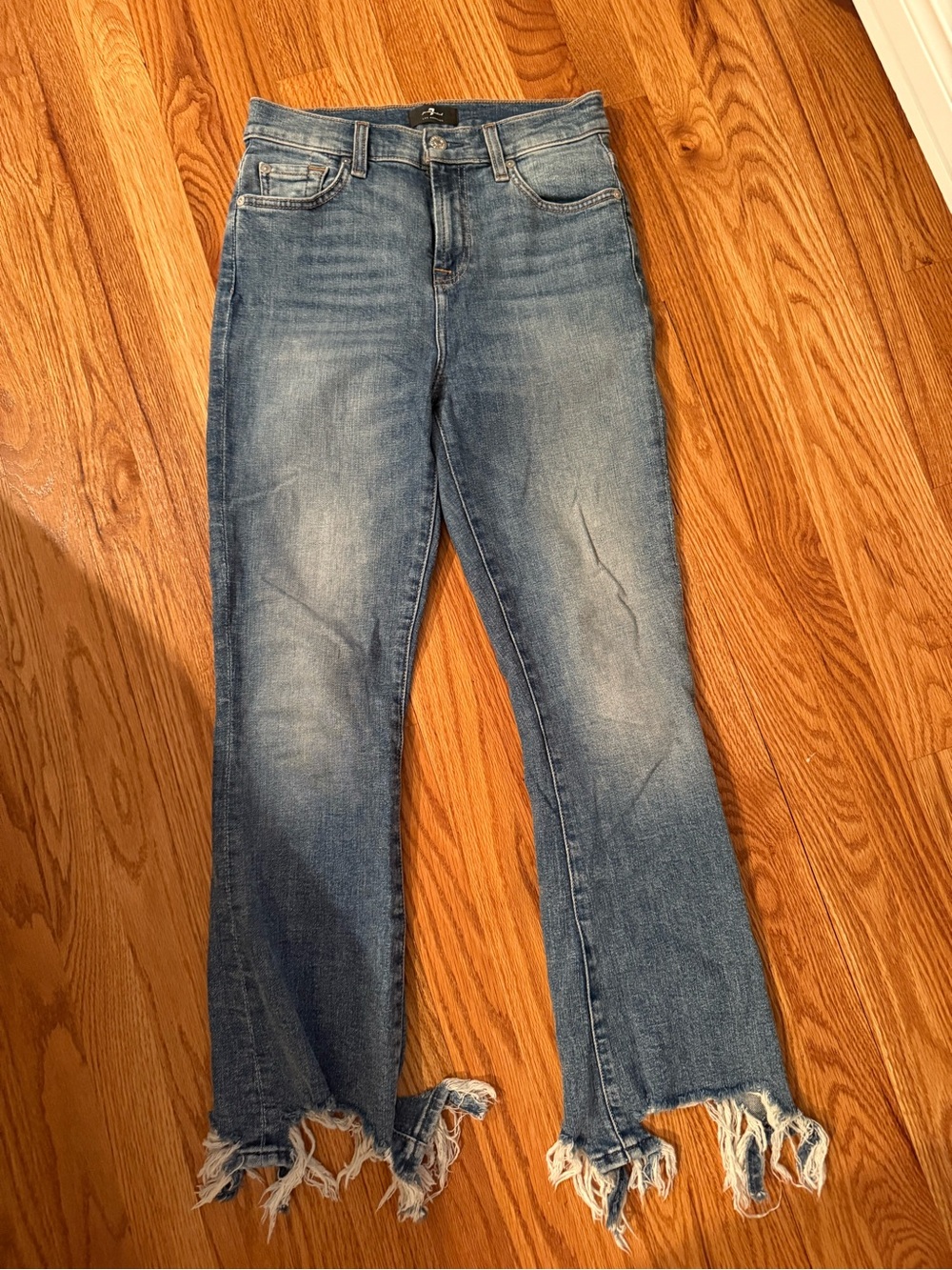 7 For All Mankind Light Blue Distressed Skinny Jeans with Frayed Hem